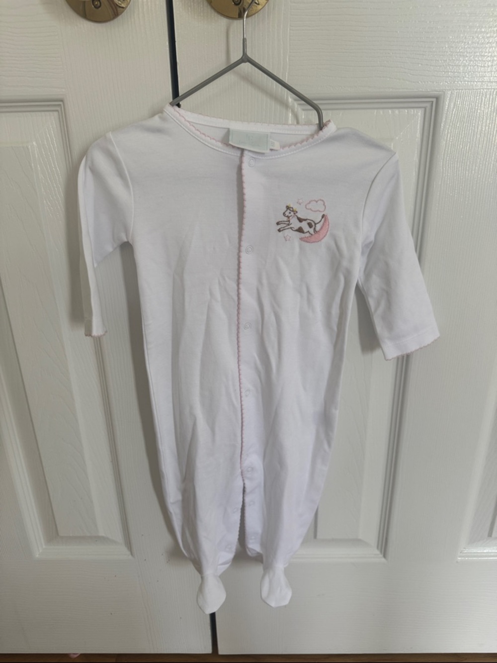 Little English Footed Sleeper with Pink Trim and Embroidery